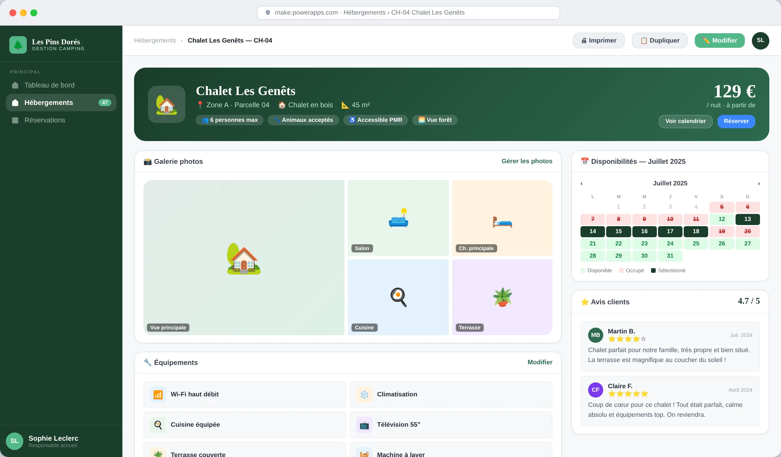 Fiche d’un chalet : capacité, équipements, disponibilités et avis des clients