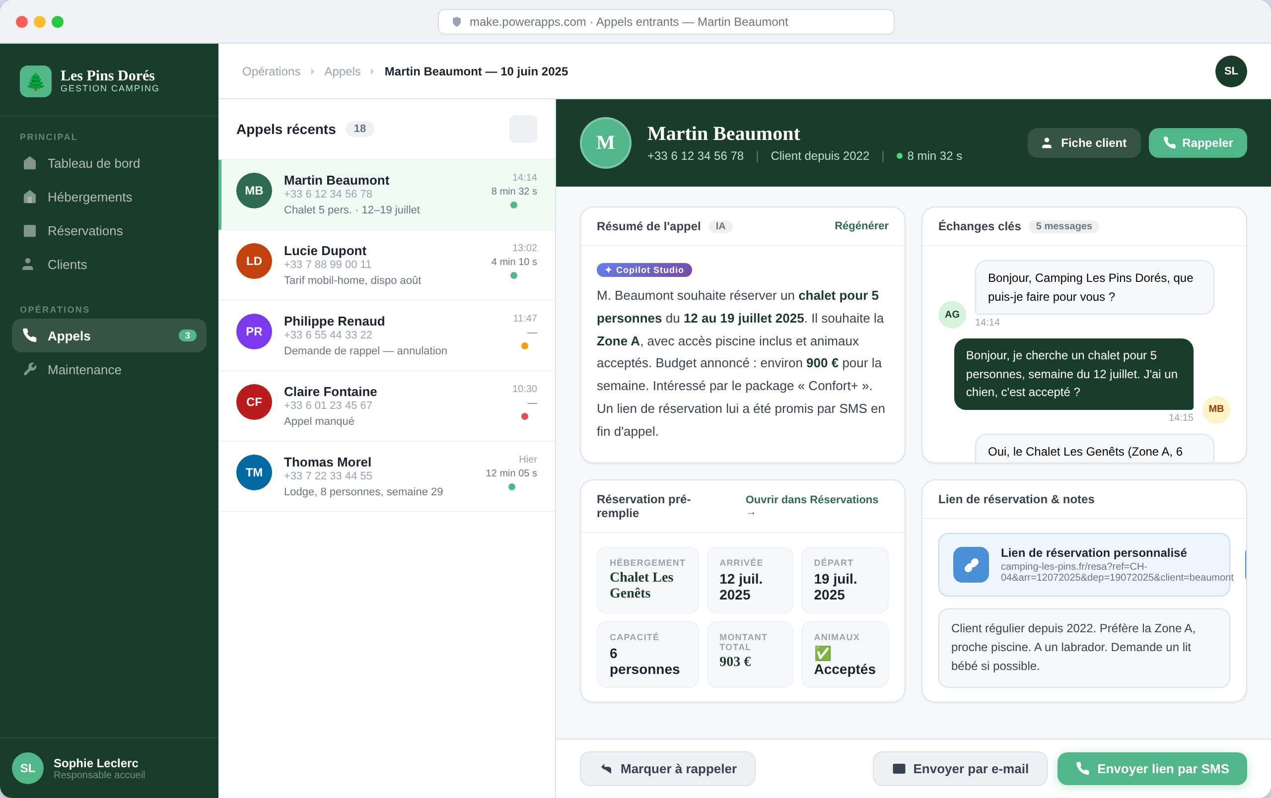 Résumé d’un appel client rédigé par un agent Copilot Studio, avec la réservation préremplie