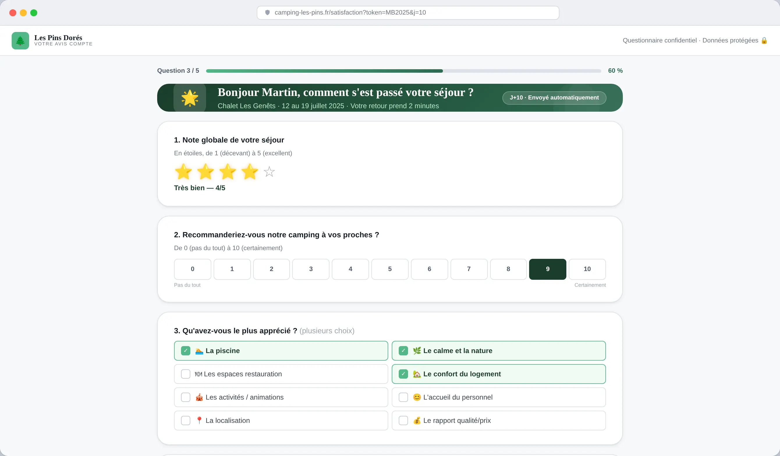 Questionnaire de satisfaction envoyé automatiquement dix jours après le séjour