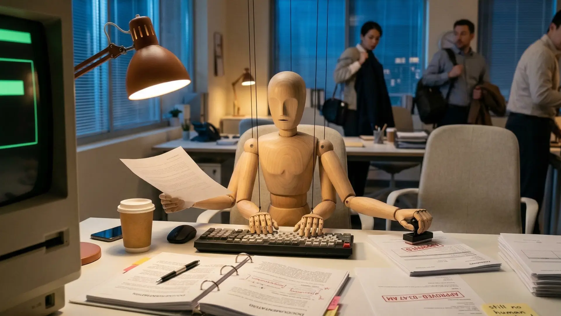 Mannequin de bois assis à un bureau devant un clavier et des documents, dans un open space
