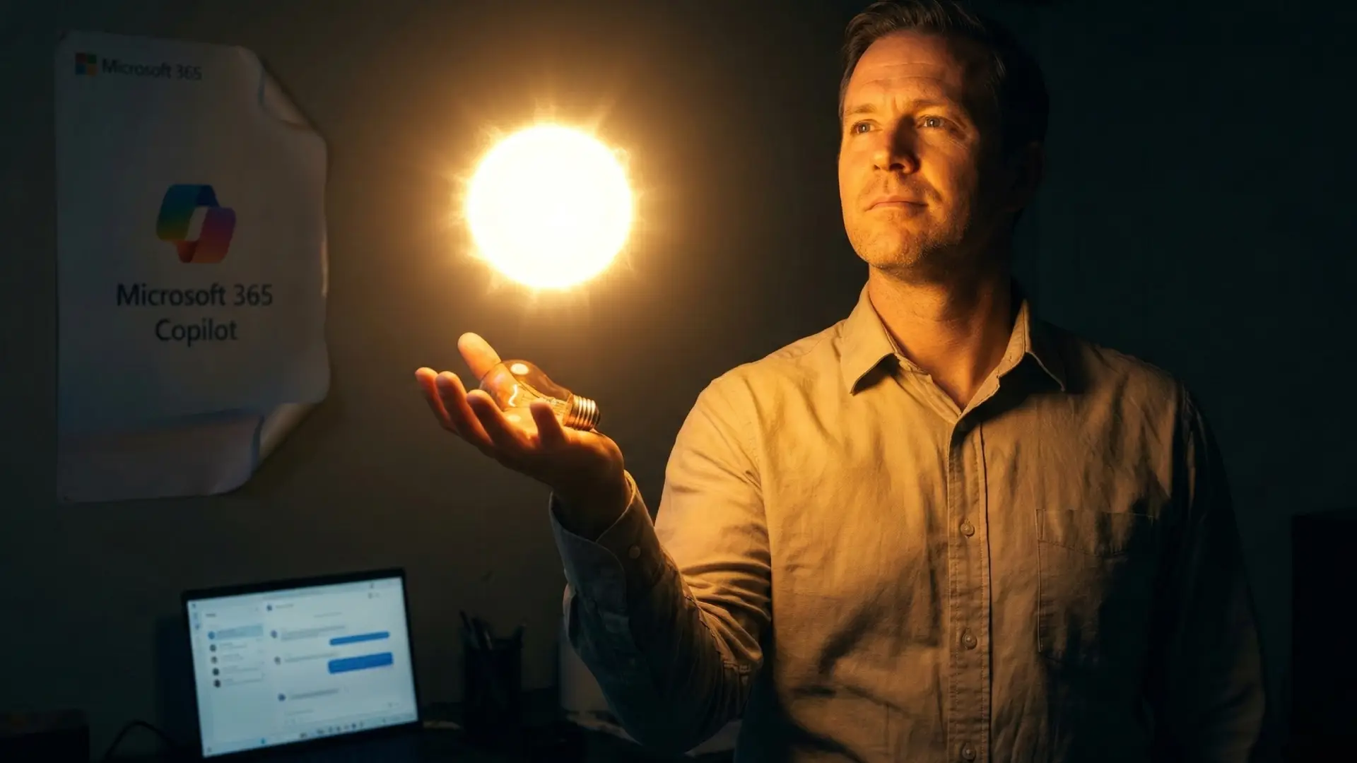 Homme tenant une boule de lumière dans sa main, logo Microsoft 365 Copilot en arrière-plan