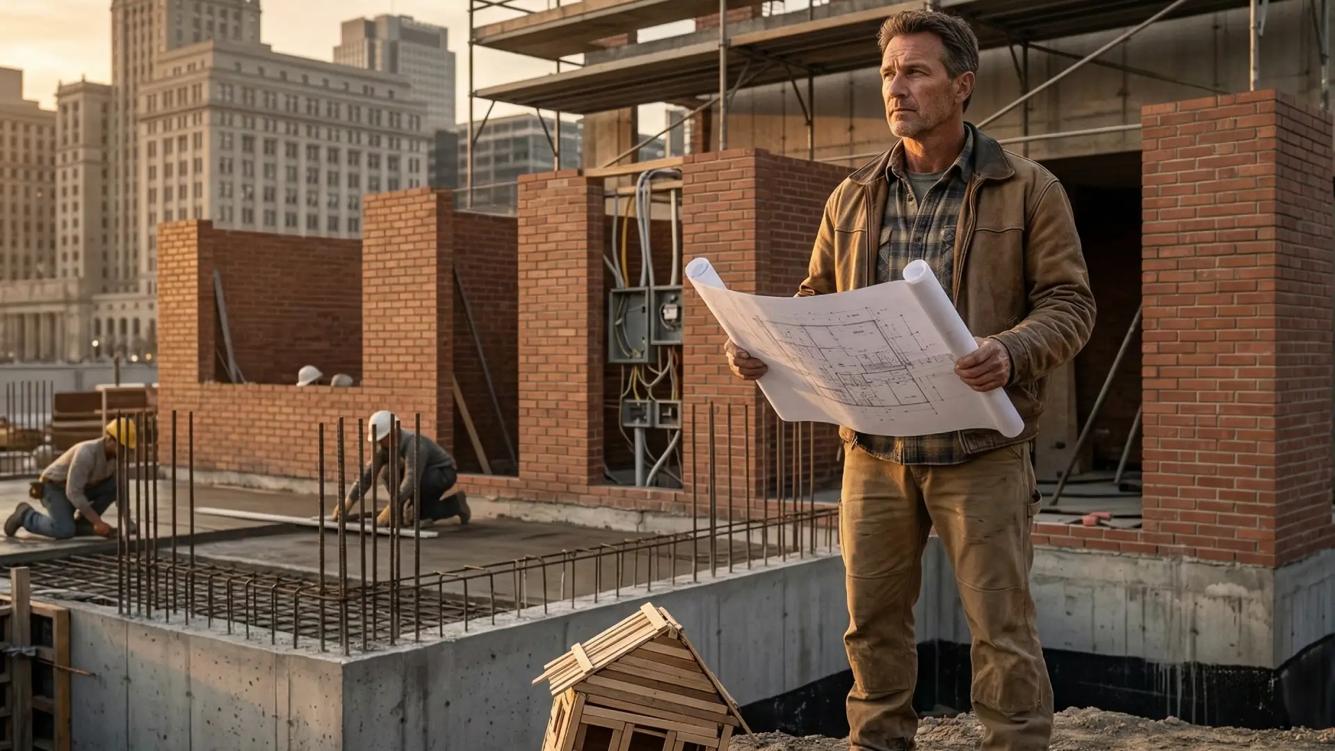 Chef de chantier consultant un plan devant des murs de briques en construction