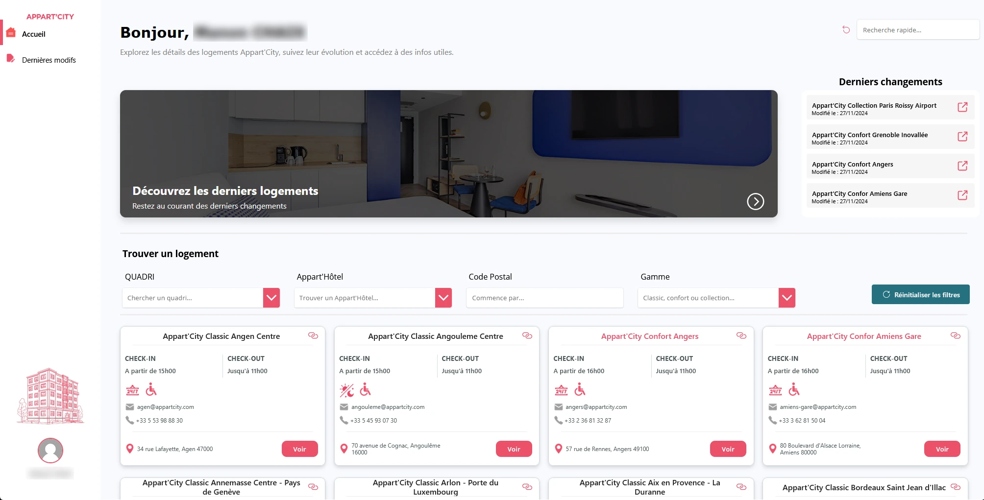 Écran d'accueil de l'application d'Appart'City : recherche d'un apparthôtel et derniers changements
