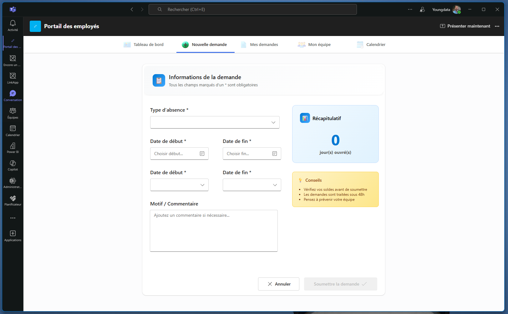 Application RH : saisie d’une nouvelle demande