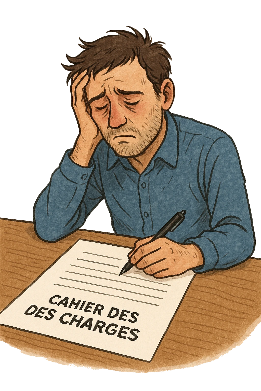 Dessin d'un homme épuisé penché sur un épais cahier des charges