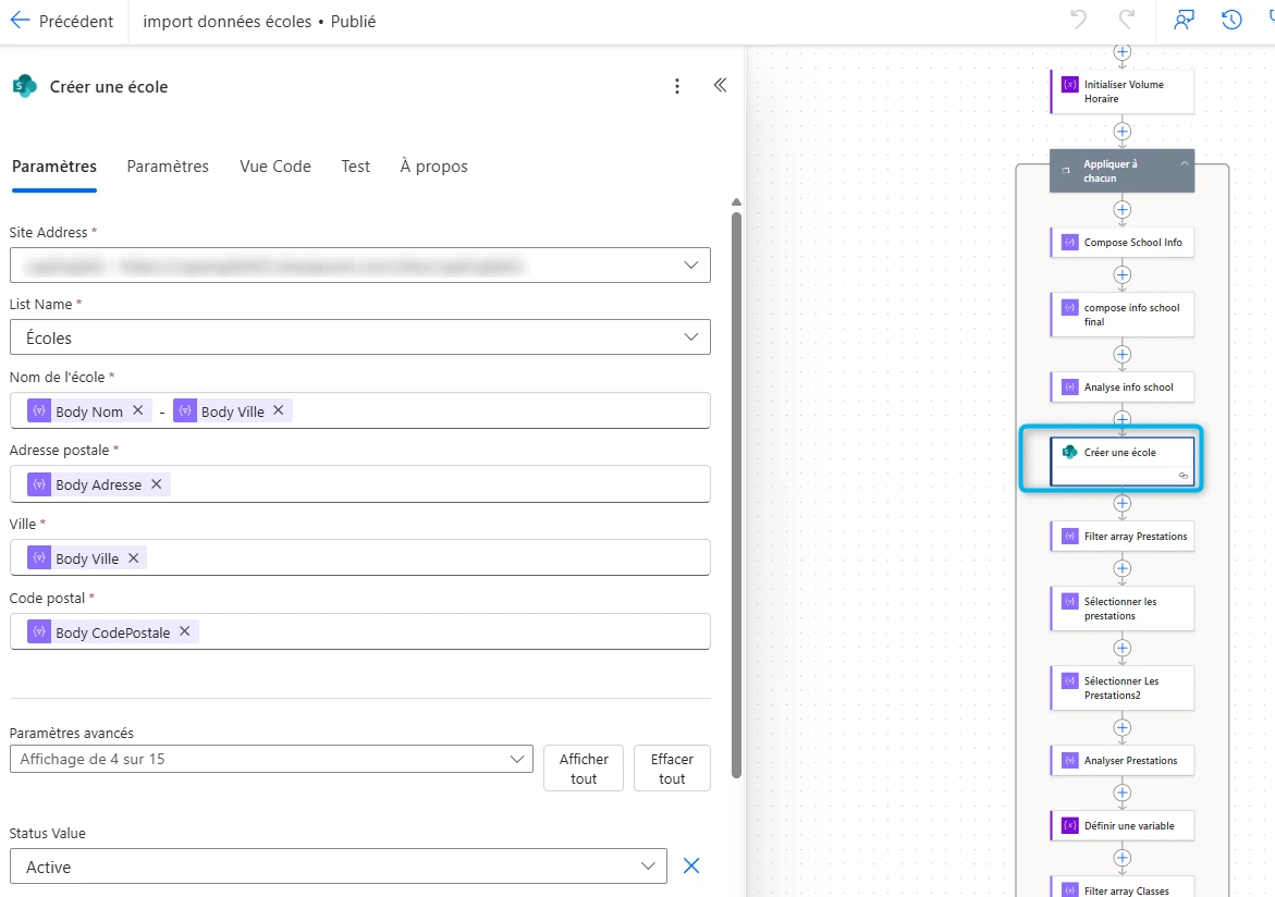 Création d'un élément SharePoint « École » à partir des champs extraits du PDF