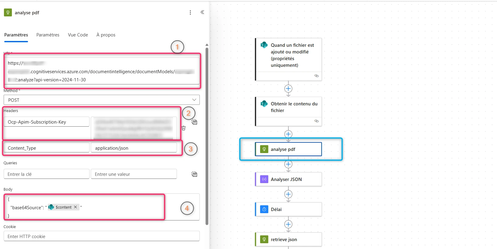 Action HTTP « analyse pdf » : appel de l'API avec la clé d'abonnement et le fichier en base64