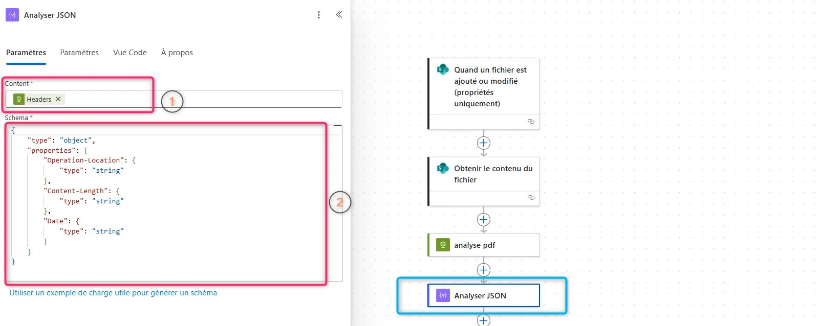 Action « Analyser JSON » et son schéma, pour lire la réponse de l'analyse