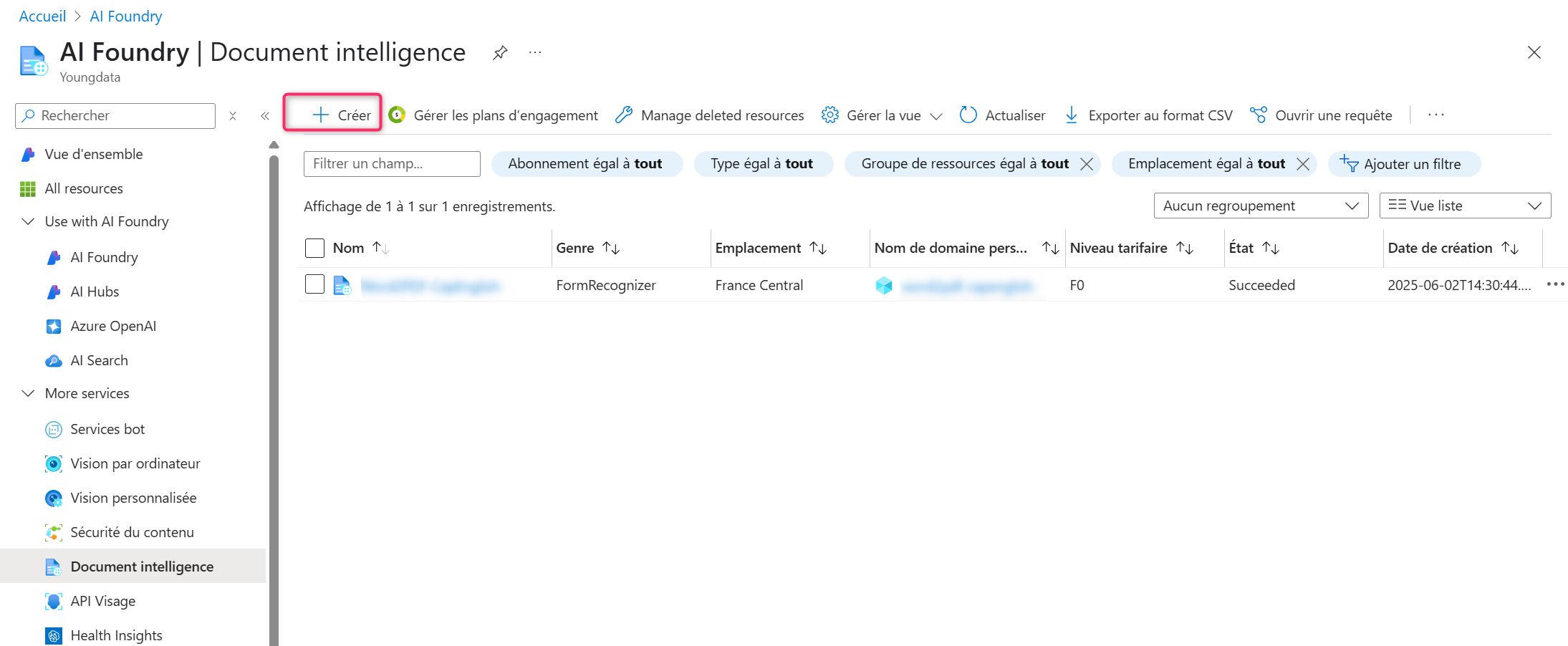 Ressource Document Intelligence dans le portail Azure AI Foundry