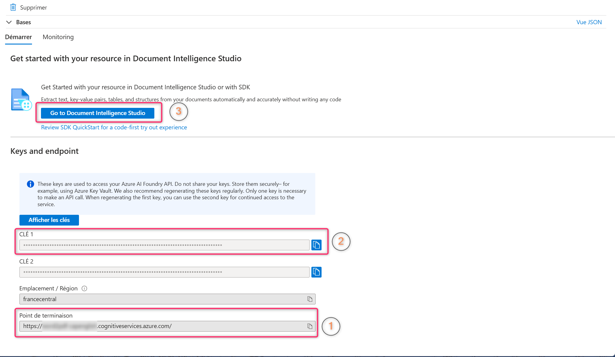 Clés et point de terminaison de la ressource Document Intelligence, et accès à Document Intelligence Studio