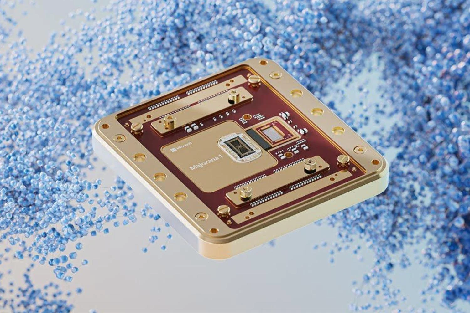 Puce quantique Majorana 1 de Microsoft posée sur des billes bleues