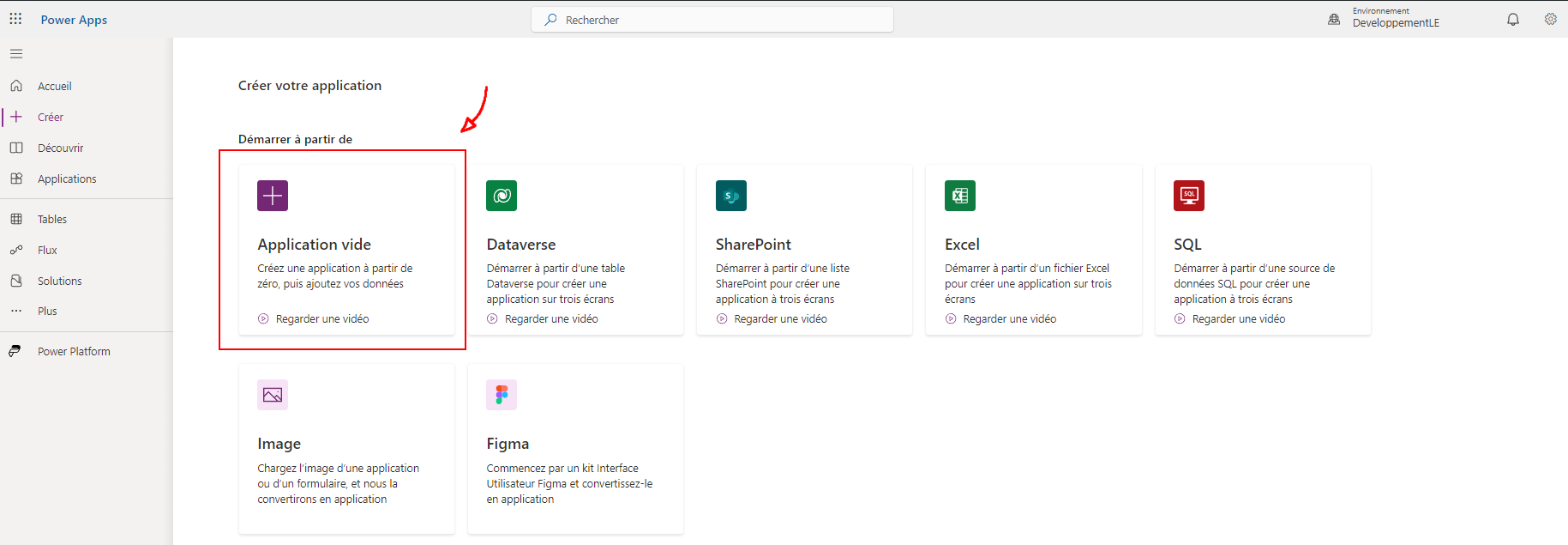 Création d'une application vide dans Power Apps