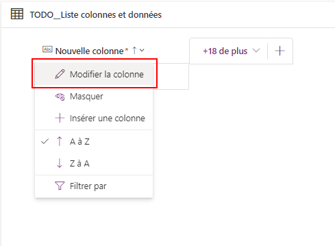 Menu d'une colonne de la table TODO_Liste : modifier la colonne
