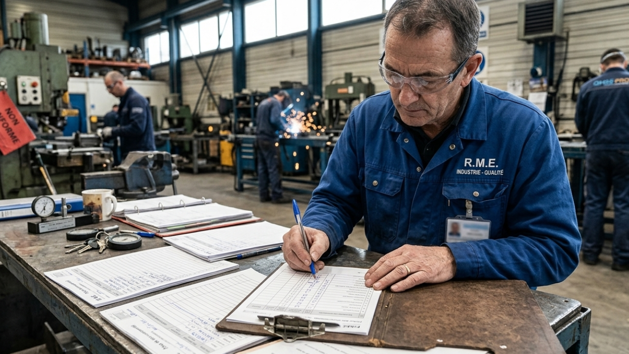 Responsable qualité remplissant un audit sur papier dans un atelier de production