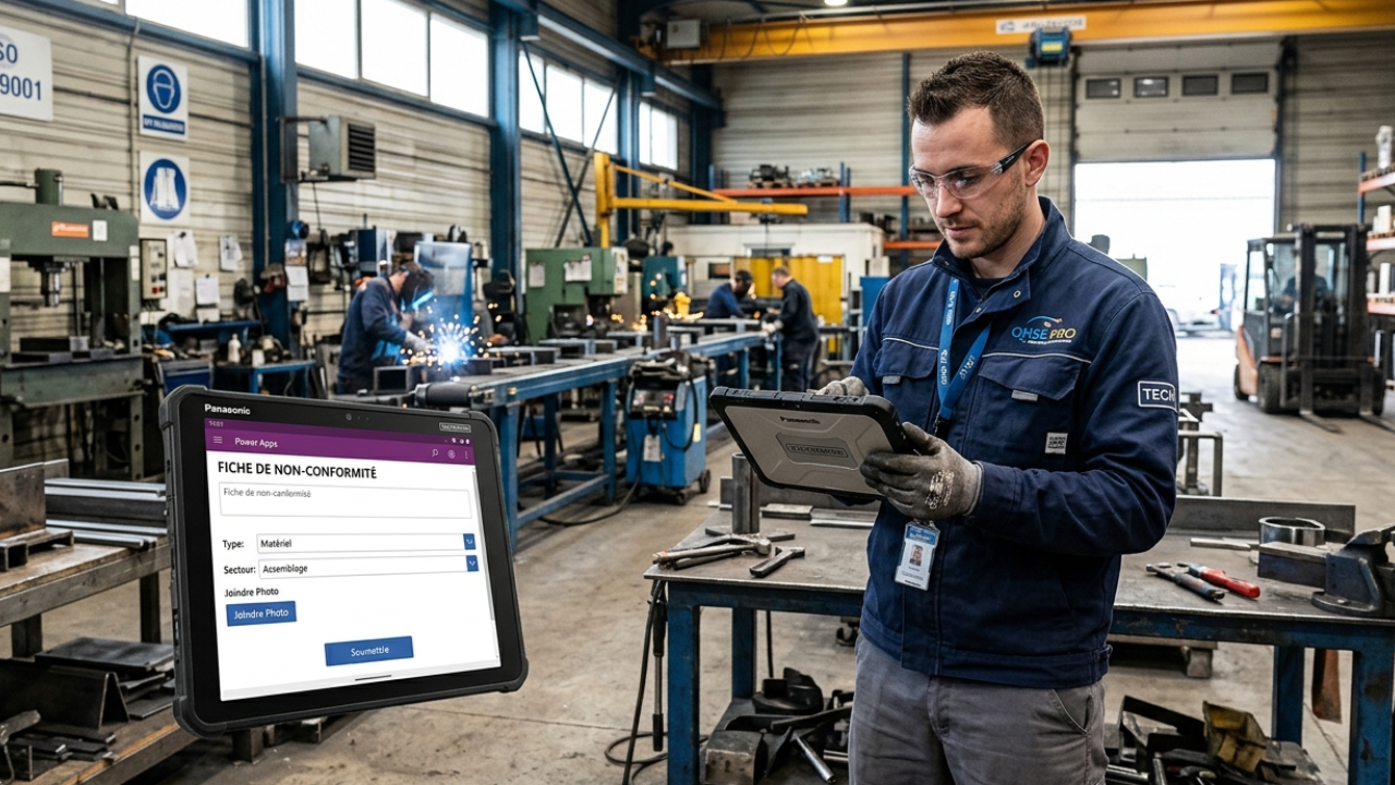 Technicien saisissant une fiche de non-conformité sur une tablette dans l'atelier