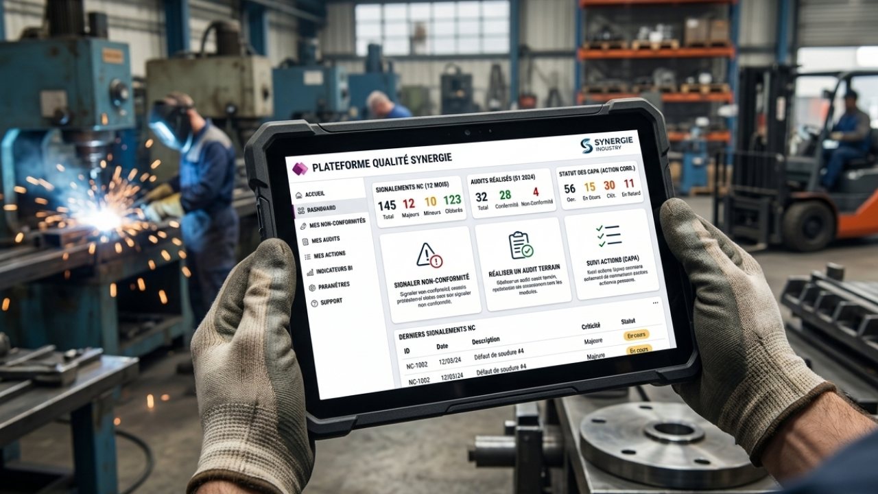 Tablette affichant l'application de gestion de la qualité : indicateurs, non-conformités et audits