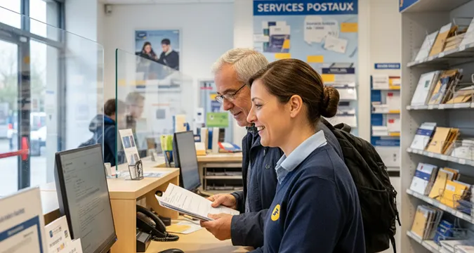Conseillère de La Poste et client au guichet d'un bureau de poste