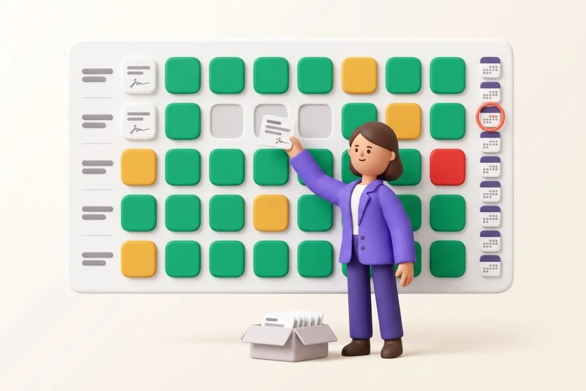 Illustration 3D : responsable qualité Qualiopi classant une preuve dans la grille des 32 indicateurs