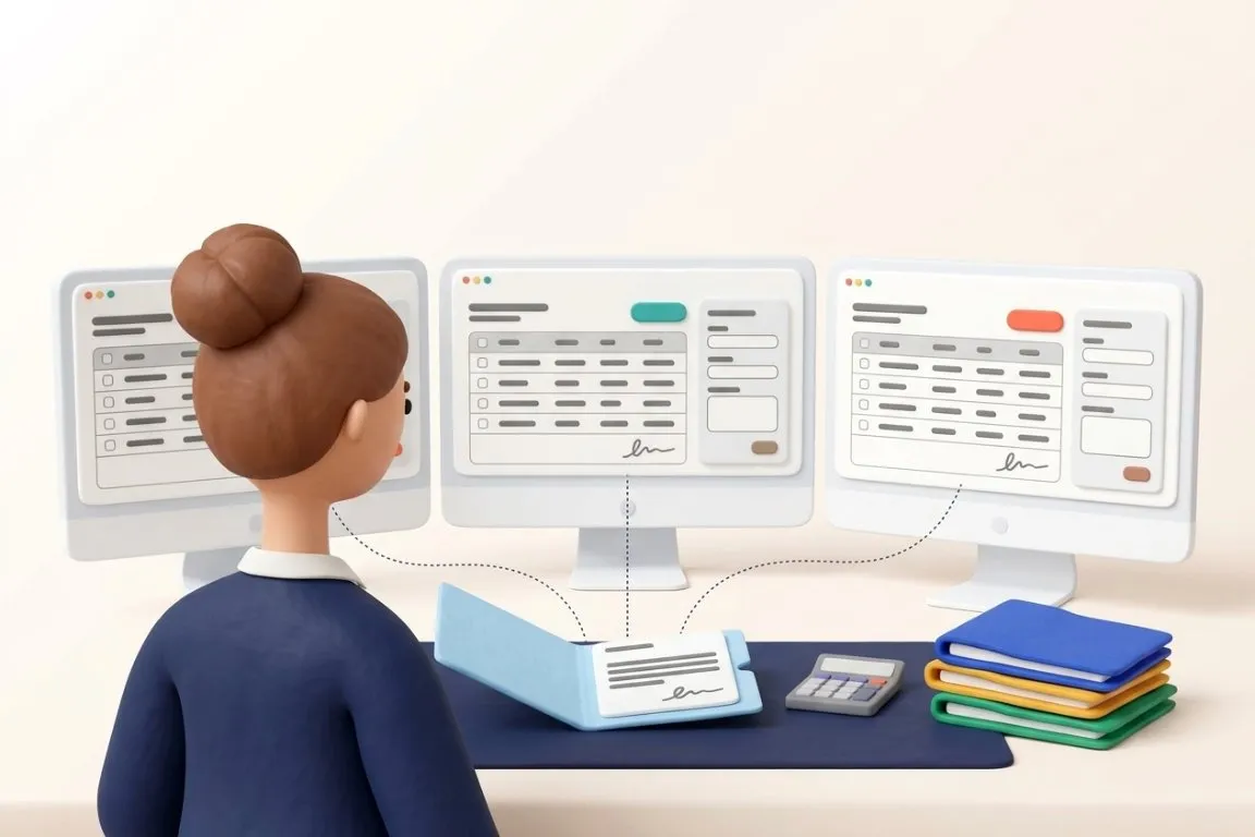 Illustration 3D : responsable administrative et financière ressaisissant le même dossier sur trois écrans