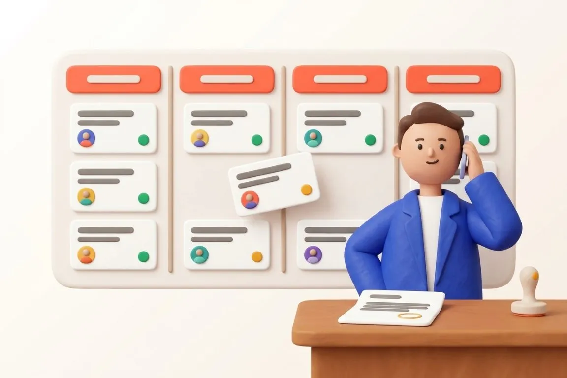 Illustration 3D : responsable commercial au téléphone devant son pipeline de vente de formations