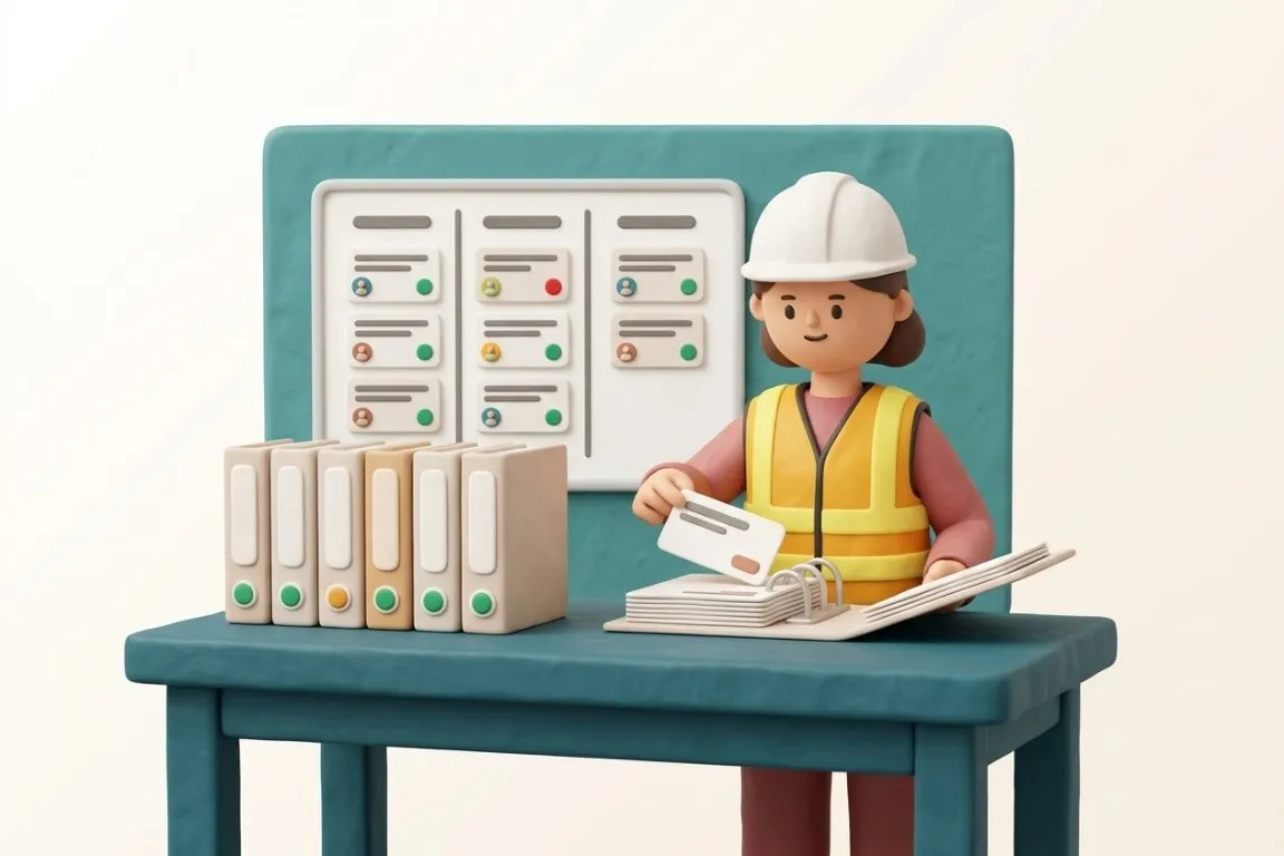 Illustration 3D : responsable QHSE classant une preuve d'audit dans son classeur
