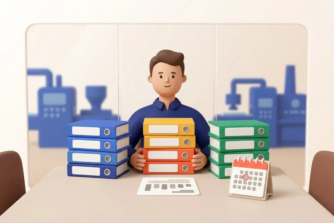 Illustration 3D : directeur de site consolidant à la main les classeurs de trois usines