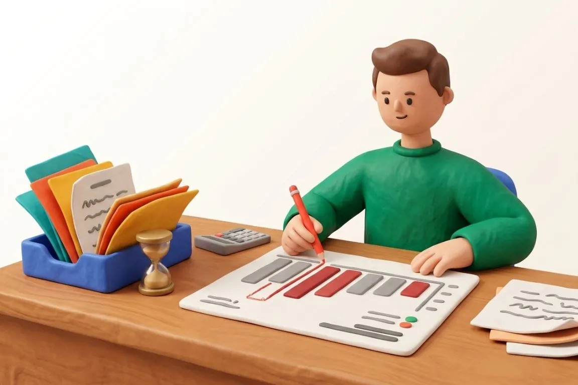 Illustration 3D : contrôleur de gestion industriel traçant les écarts budget-réel sur papier