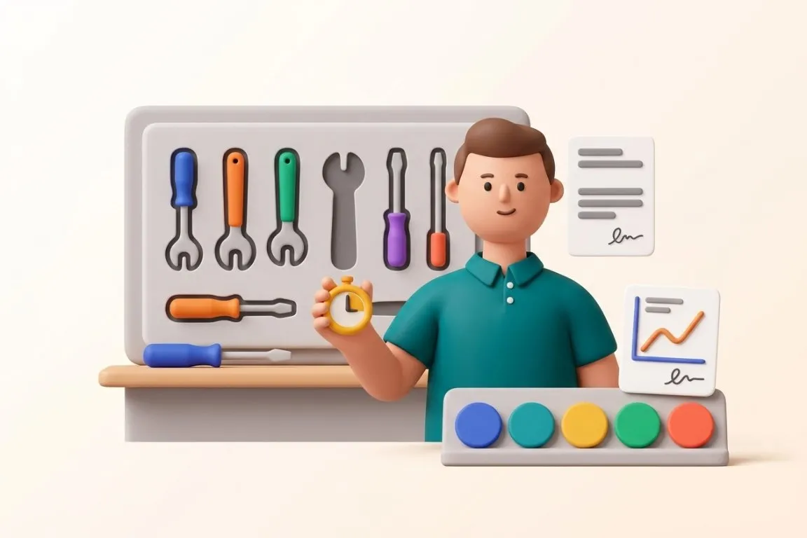 Illustration 3D : responsable méthodes chronométrant un poste devant son panneau d'outils 5S