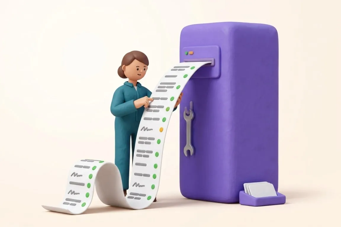 Illustration 3D : responsable maintenance déroulant l'historique papier d'une machine