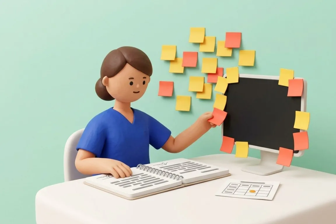 Illustration 3D : cadre de santé entre cahier de transmissions et mur de post-it