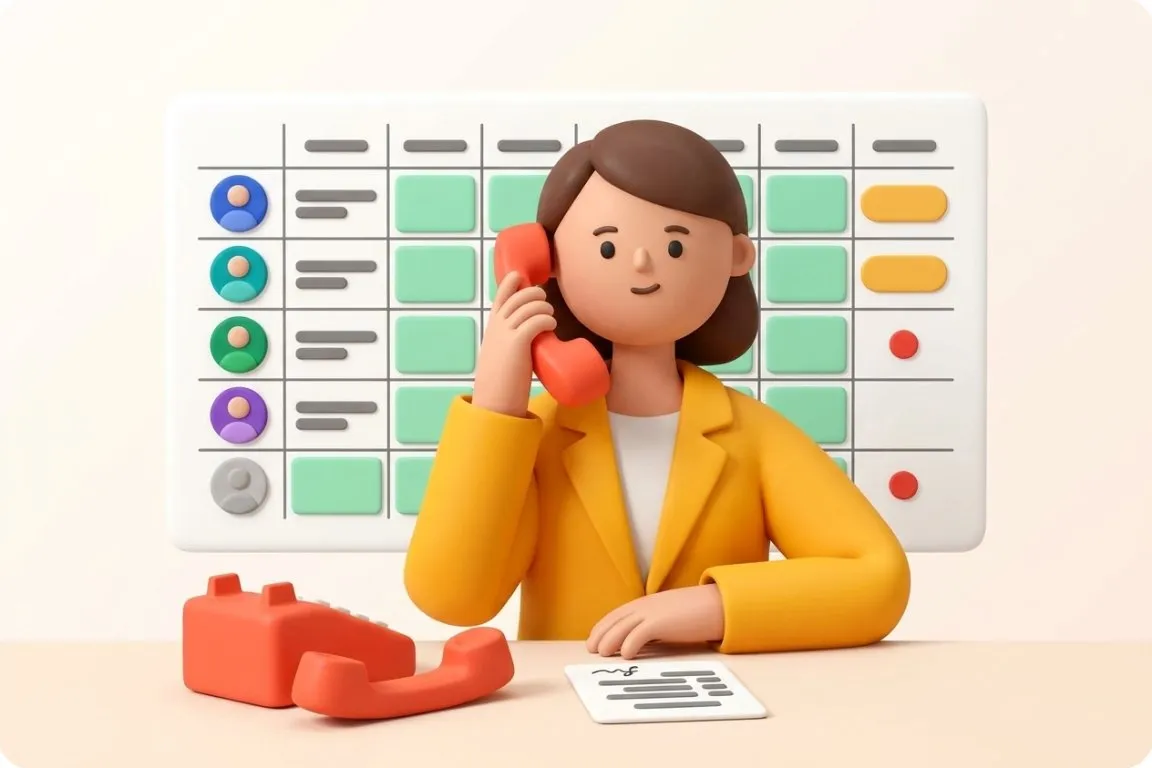 Illustration 3D : DRH au téléphone devant le planning des soignants à remplacer