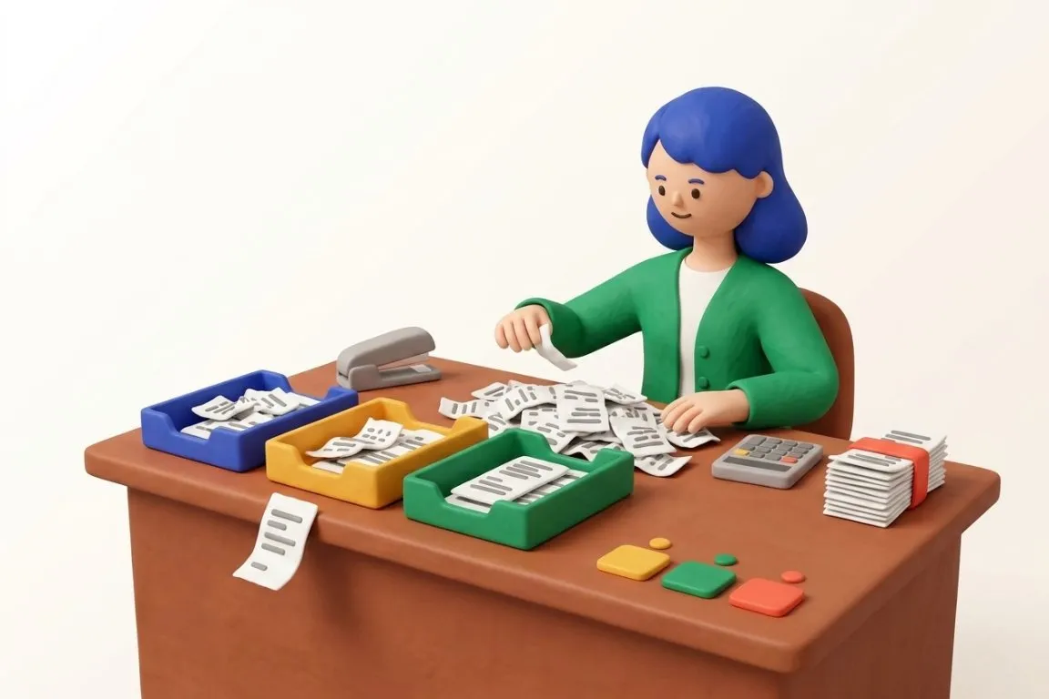 Illustration 3D : contrôleuse de gestion imputant les tickets de carburant et de péage par tournée