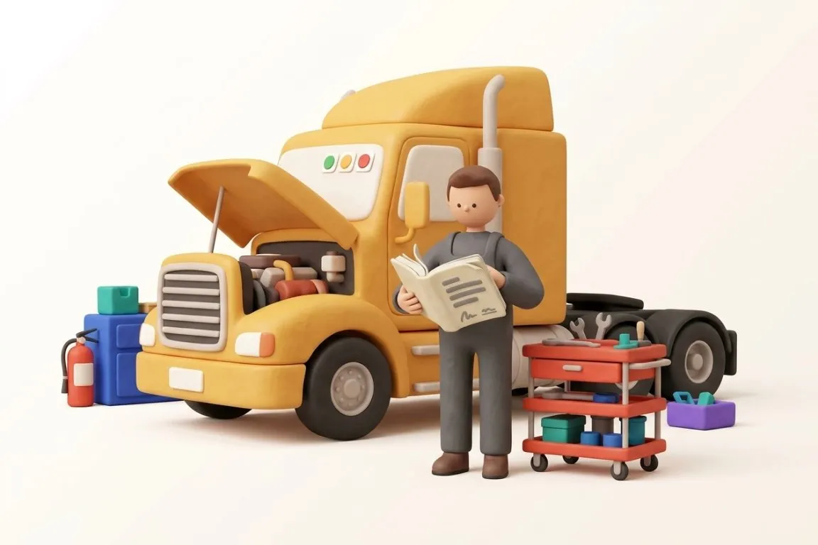 Illustration 3D : responsable de parc feuilletant le carnet d'entretien d'un camion