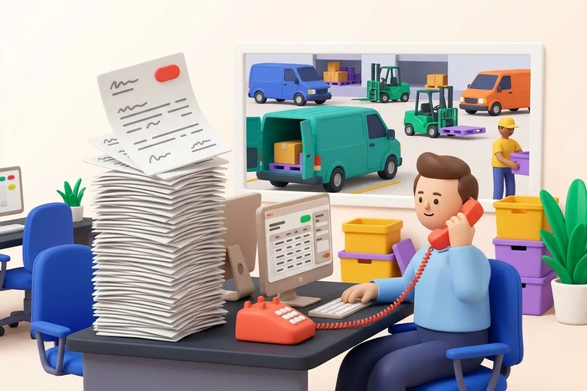 Illustration 3D : responsable exploitation entre deux téléphones et la pile de lettres de voiture