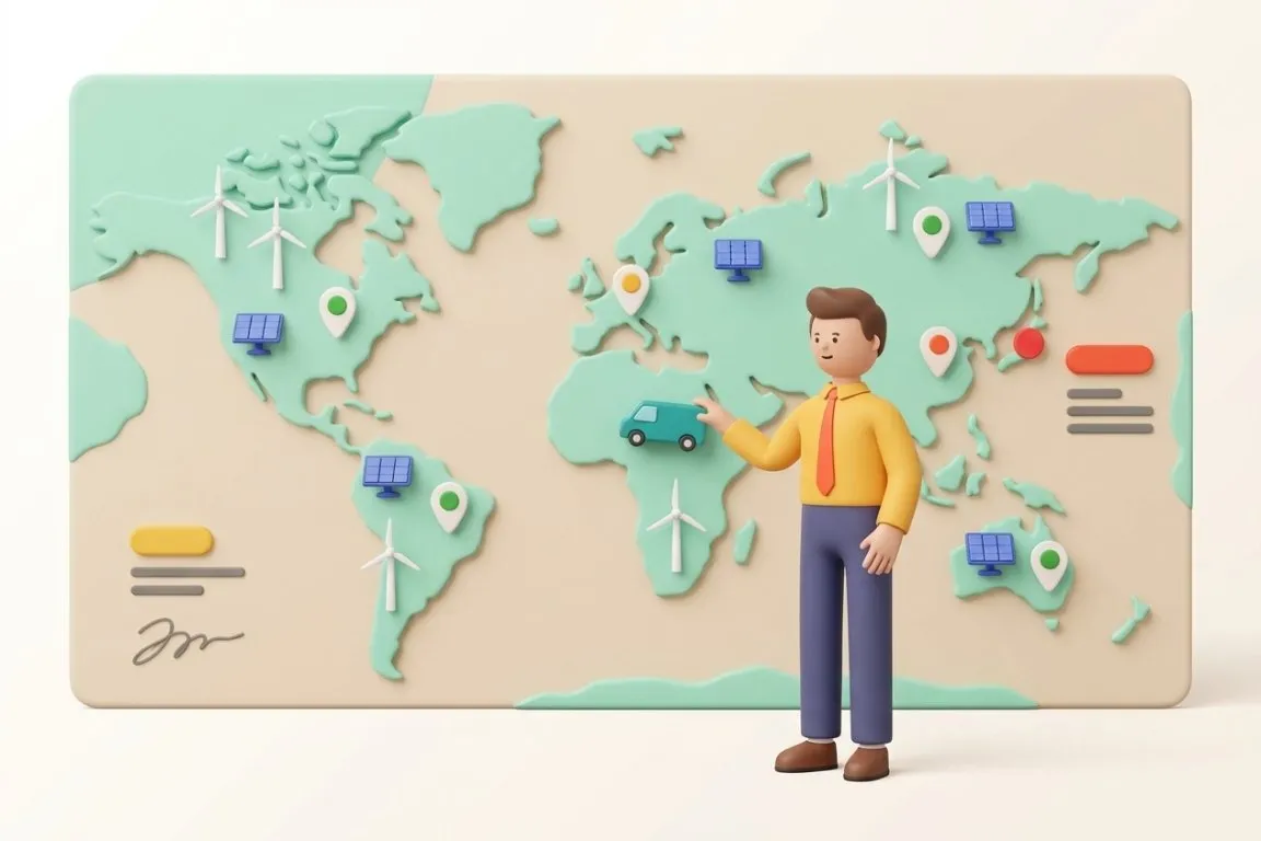 Illustration 3D : responsable exploitation-maintenance devant la carte de ses actifs dispersés