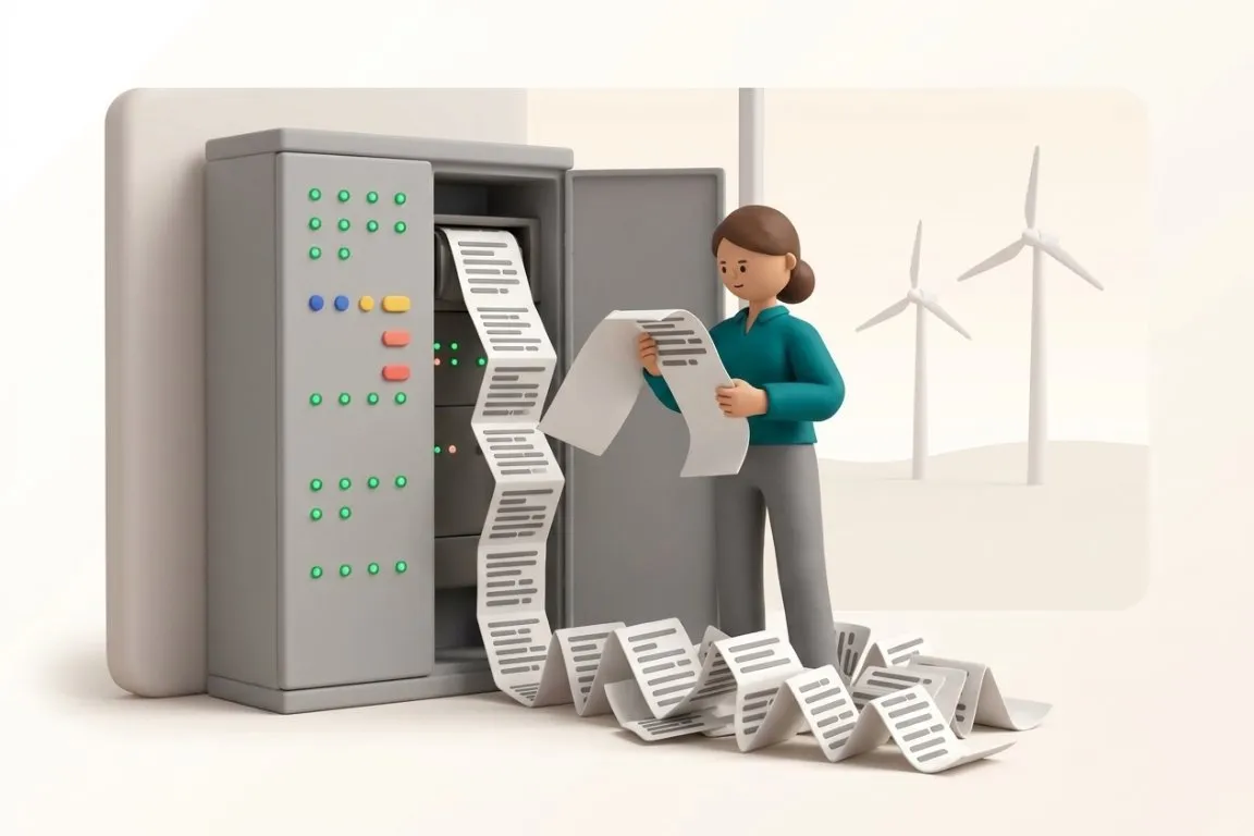 Illustration 3D : responsable performance énergétique extrayant les données du parc de l'armoire de supervision