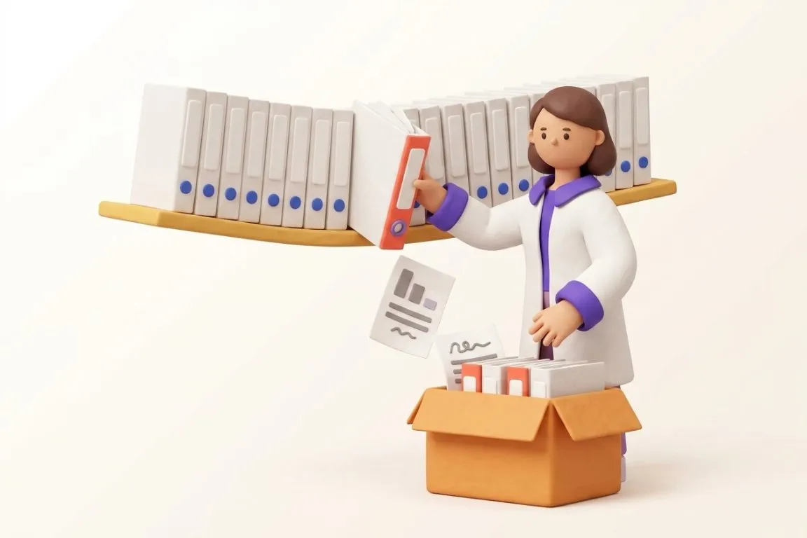 Illustration 3D : responsable assurance qualité devant une étagère de classeurs GMP qui déborde