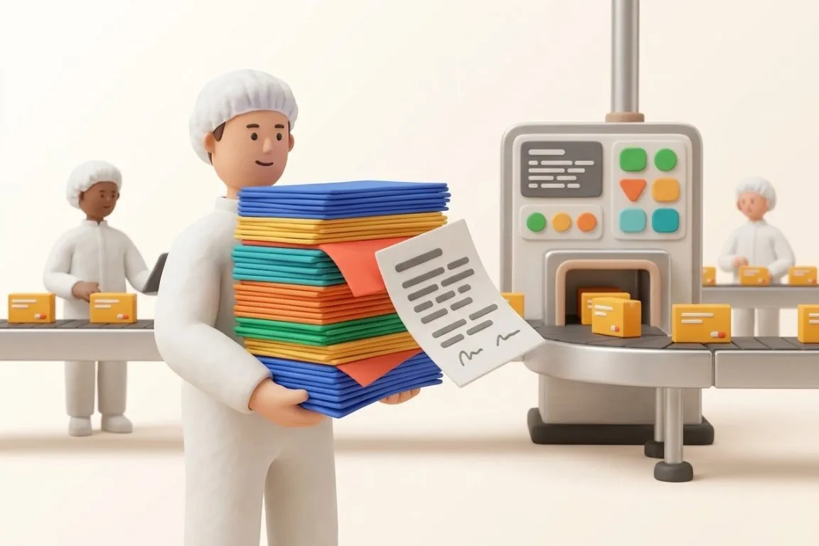 Illustration 3D : responsable de production portant le dossier de lot papier le long de la ligne