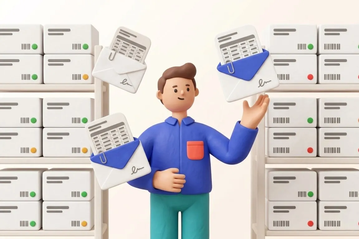 Illustration 3D : responsable supply chain pharmaceutique rattrapant les Excel échangés en pièce jointe