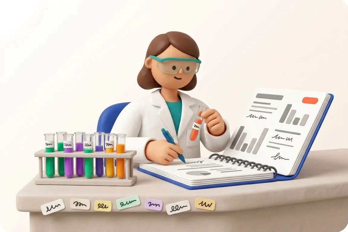 Illustration 3D : responsable de laboratoire recopiant ses résultats dans le cahier de laboratoire
