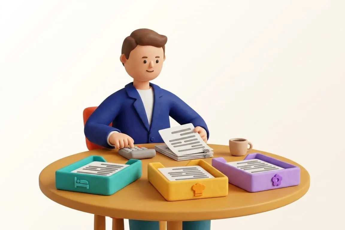 Illustration 3D : directeur d'hôtel agrafant la consolidation du lundi de ses trois services