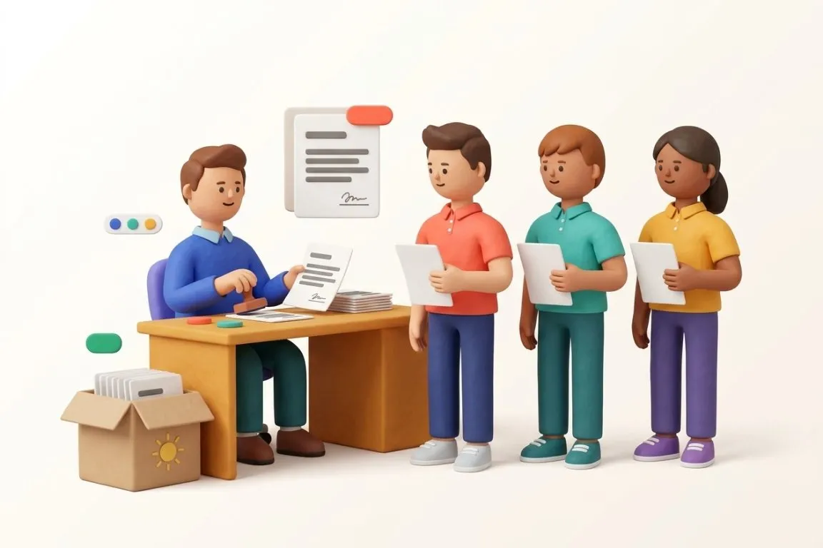 Illustration 3D : DRH tamponnant les contrats d'une file de saisonniers