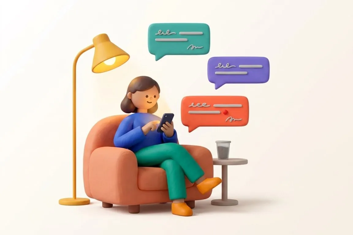 Illustration 3D : responsable expérience client lisant les avis le soir sur son téléphone