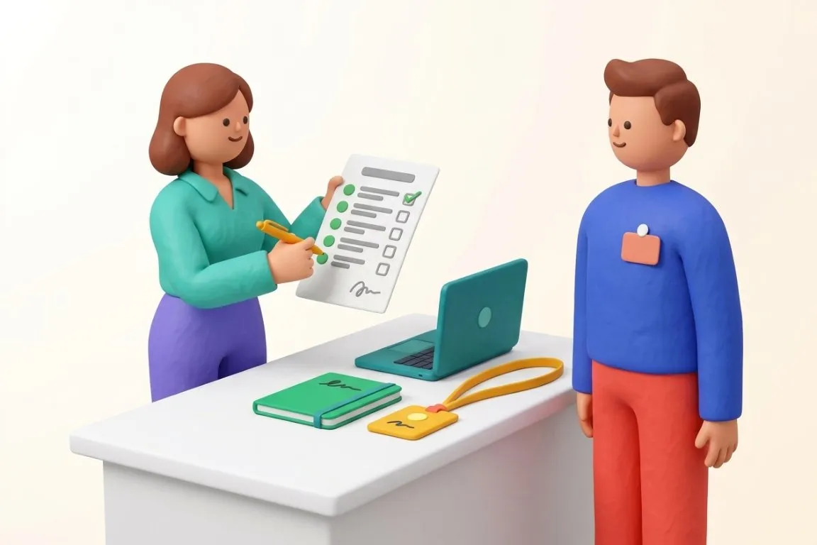 Illustration 3D : responsable RH déroulant sa checklist d'onboarding devant le kit du nouvel arrivant