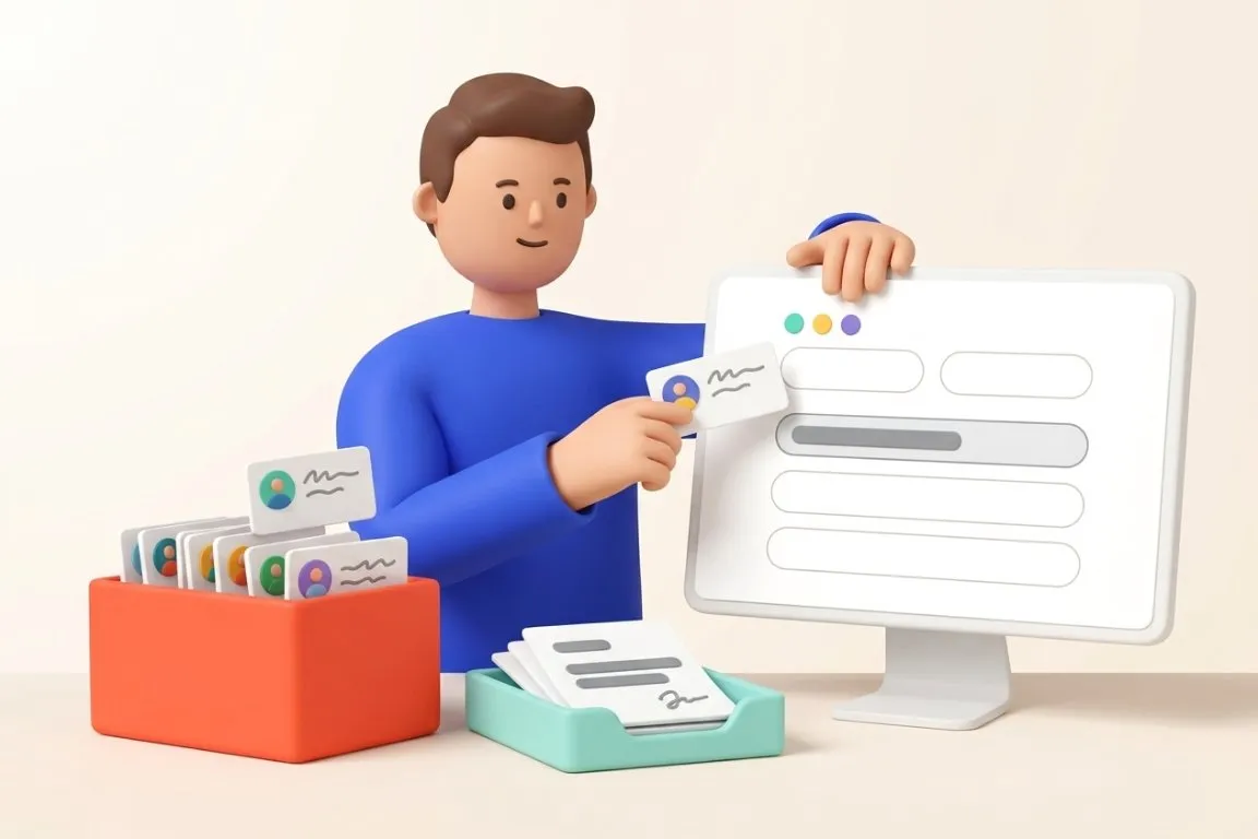 Illustration 3D : responsable ADV reversant ses fiches clients dans un CRM resté vide