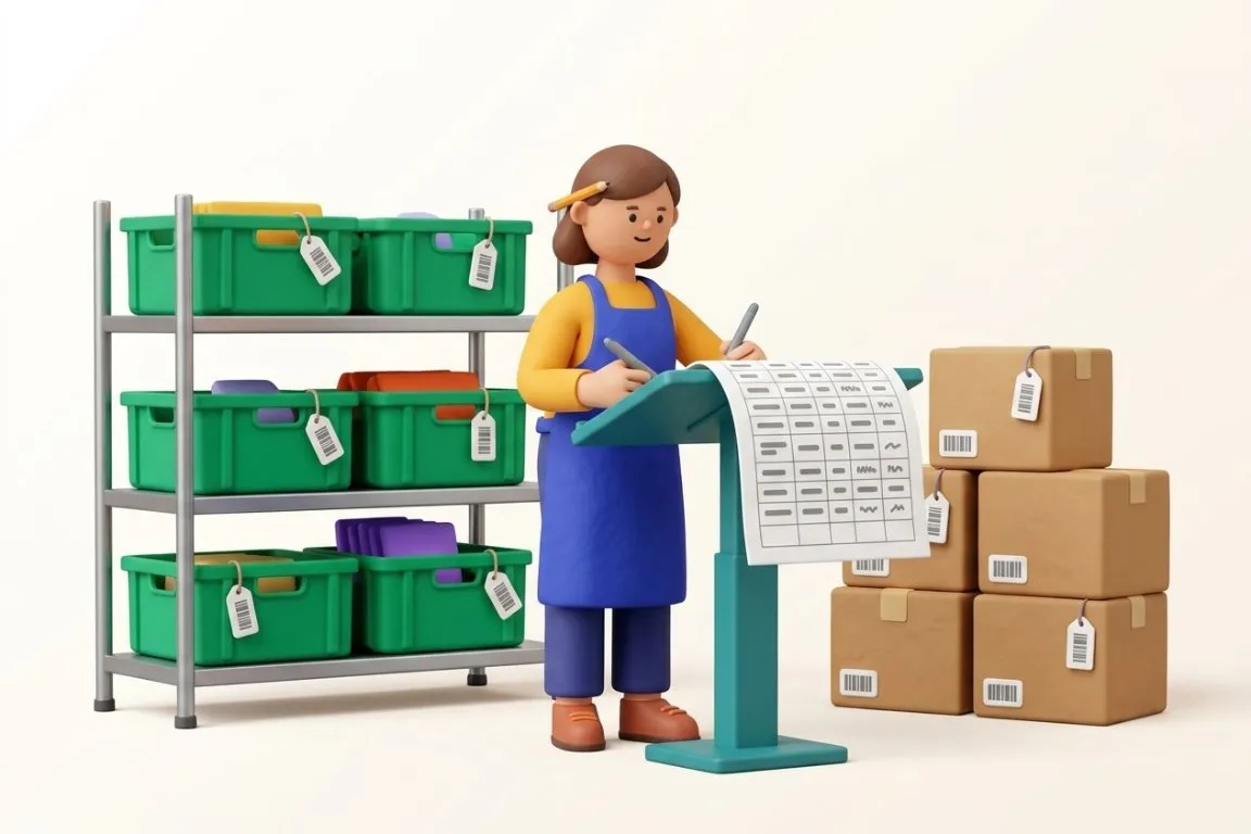 Illustration 3D : responsable supply chain recopiant les lots dans le tableur intermédiaire
