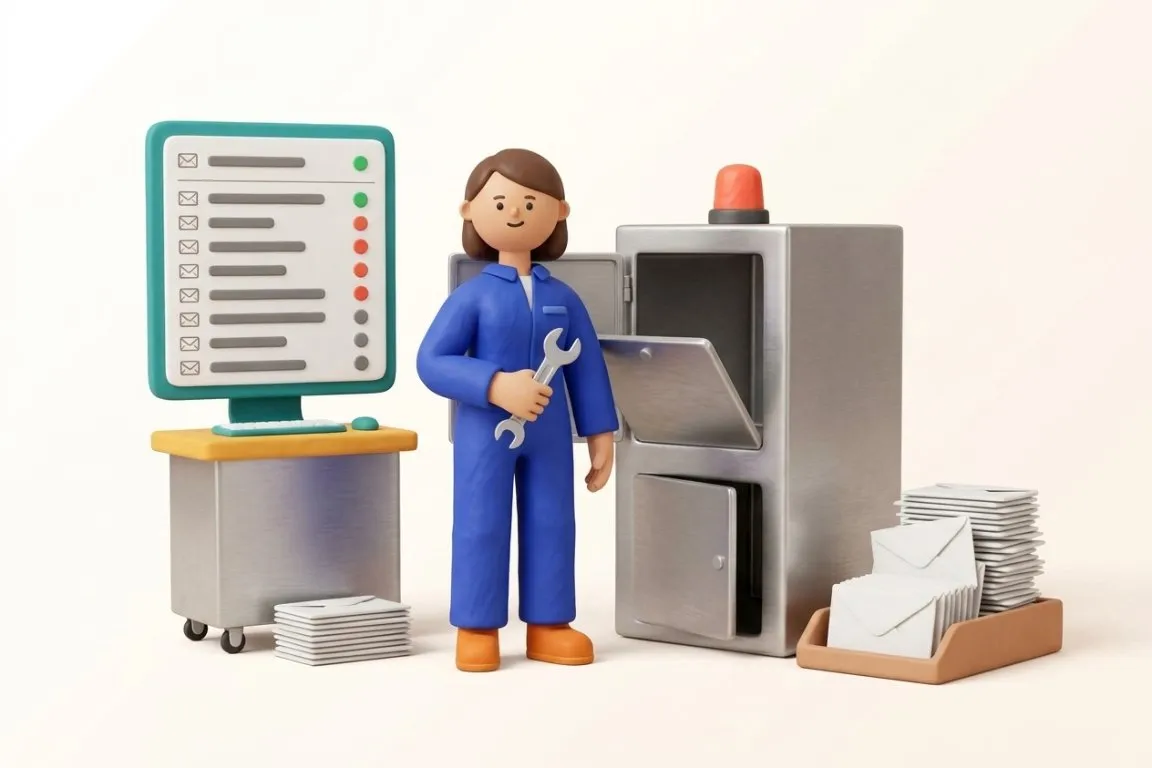 Illustration 3D : responsable maintenance devant la machine arrêtée et la boîte mail qui déborde