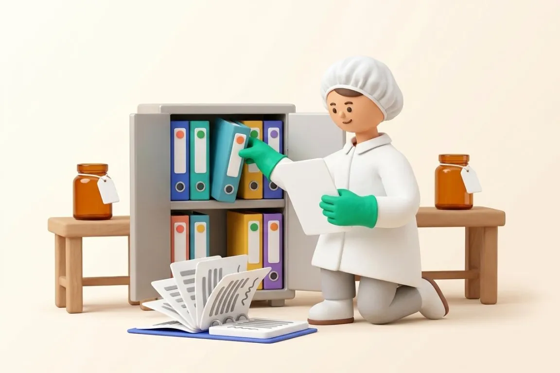 Illustration 3D : responsable qualité cherchant une fiche de contrôle dans l'armoire de classeurs