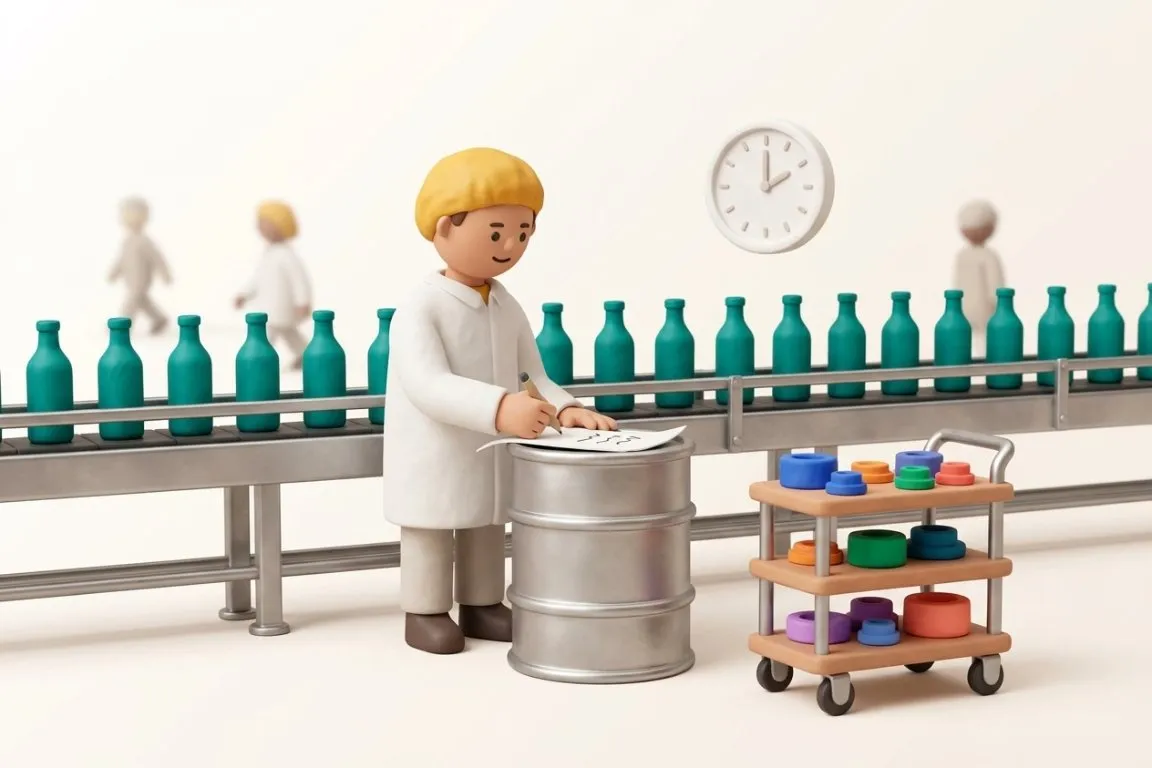 Illustration 3D : responsable de production notant les aléas sur un fût au bord de la ligne