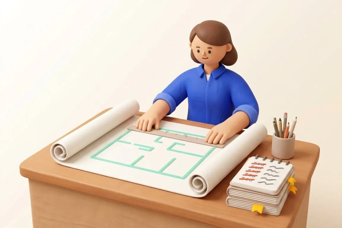Illustration 3D : chargée d'études de prix chiffrant sur des catalogues aux prix raturés